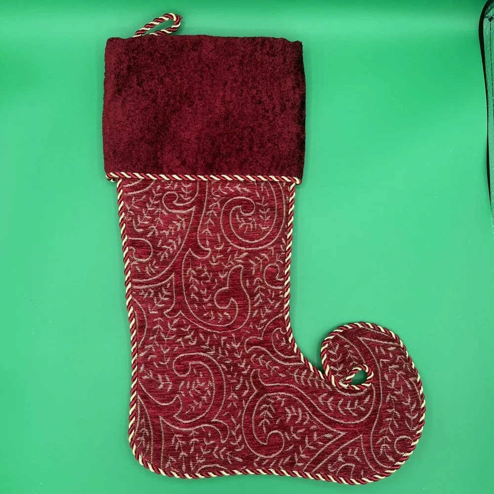 New no tags burgundy‎ red velvet, Satin Christmas Stocking Tapestry Elf Boot